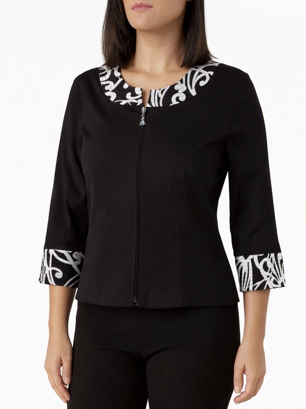 Joseph Ribkoff Black White Abstract Pattern Double Zipper Blazer Size 8